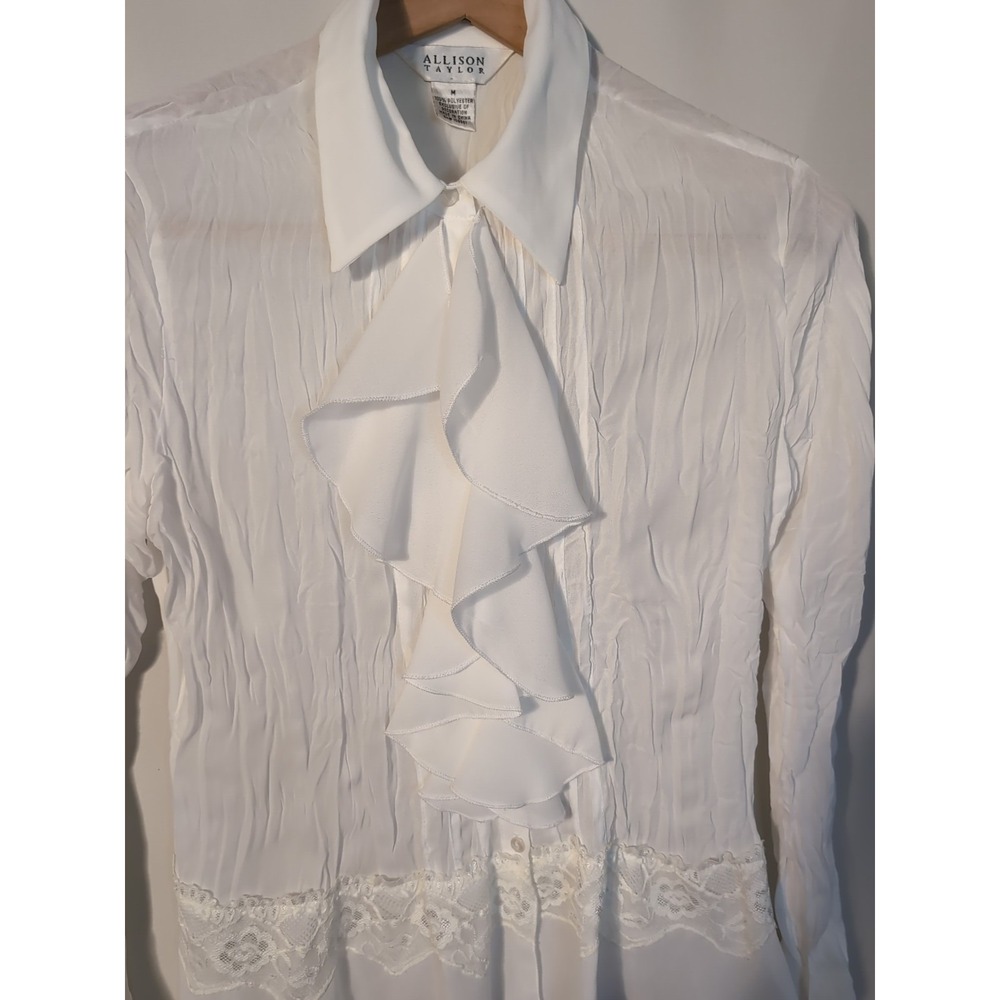 Y2K Chiffon Fairycore Ruffle Blouse Top Shirt Long Sleeve Lace‎ Detail Cuffs M - Picture 2 of 7